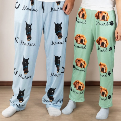 Custom Name Pet Portrait Pajama Pants, Pet Head Photo Lounge Pants for Adults/Kids, Birthday/Memorial Gift for Pet Owners/Horse Lovers/Rabbit Breeders