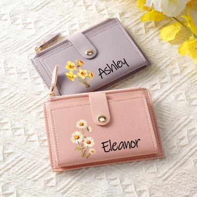Personalized Name Birth Flower Mini Wallet, Women's Leather Wallet, Travel Card Holder, Bridal Shower Favor, Birthday/Mother's Day Gift for Her/Mom