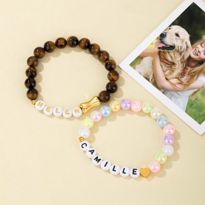 Personalized Name Beaded Pet Bracelet, Colorful Dog Name Stretchy Bracelet with Gold Bone/Heart, Pet Loss Jewelry, Memorial Gift for Pet Mom/Dad