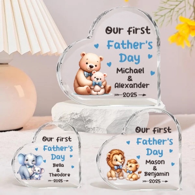 Personalized Name Cartoon Animal Papa and Baby Heart-Shaped Acrylic Plaque, First Father's Day Ornament, Desk Decor, Father's Day Gift for New Dad