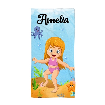 Custom Name Cartoon Kid & Sea Creatures Beach Towel, Quick Dry Microfiber Bath Towel, Summer Vacation/Beach/Pool Party Favor, Gift for Kids/Boys/Girls