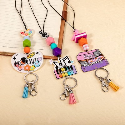 Personalized Name Music Art Teacher's Lanyard with Tassel & Keychain, Beaded Lanyard for Keys/Id Badges, Appreciation Gift for Teachers/Librarians