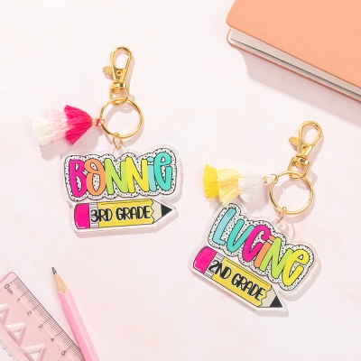 Personalized Name Grade Pencil Keychain with Tassel, Kids Name Tag, Backpack Charm, First Day of School/Back to School Gift for Kids/Students