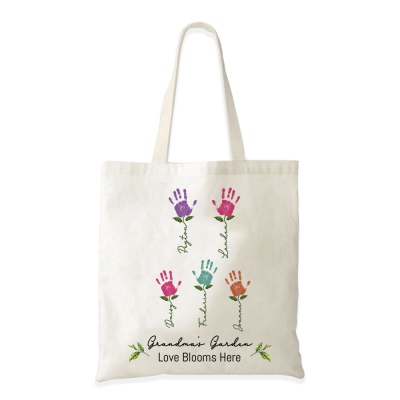 Personalized Names Children's Handprints Mom's Garden Tote Bag, Large Capacity Canvas Handbag, Birthday/Mother's Day Gift for Her/Mom/Grandma