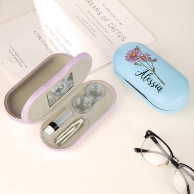 Custom Name Birth Flower Dual Purpose Eyeglass Case, 2-in-1 Double Sided Glasses & Contact Lens Case with Mirror, Birthday/Mother's Day Gift for Women