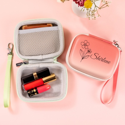 Custom Name Birth Flower Multi-purpose Mini Gradient Pouch with Zipper & Wristlet, Travel Cosmetic Bag, Portable Pill Organizer, Birthday Gift for Her
