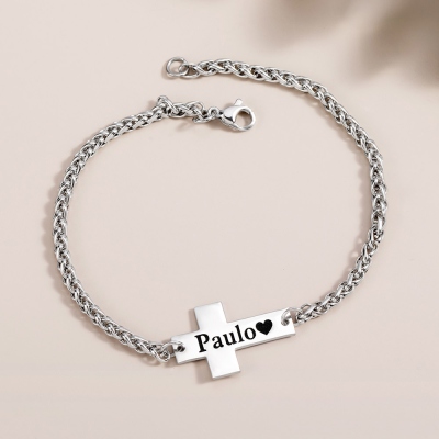 Personalized Cross Bracelet with Engraved Name, Unisex Stainless Steel Bracelet, Religious Jewelry, Birthday/Baptism/Christmas Gift for Him or Her
