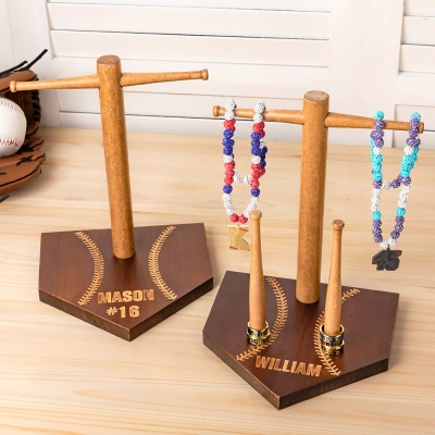 Custom Engraved Baseball & Softball Drip Necklace Display Holder, Wooden Stacked Ring & Necklace Storage Stand, Gift for Baseball & Softball Lovers