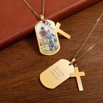 Personalized Photo Dog Tag Necklace with Cross Pendant, Custom Engraved Men’s Photo Memorial Necklace, Father’s Day/Christmas Gift for Dad/Grandpa/Him