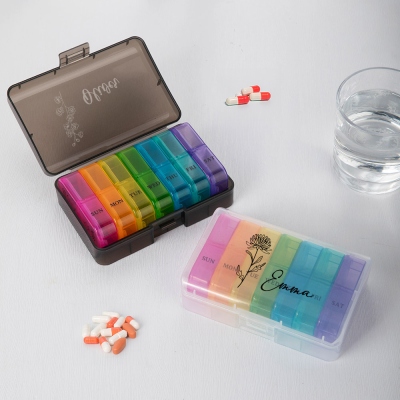Custom Name & Birth Flower Weekly Portable Pill Box, Multi-compartment 7 Days Pill Container, Medication Storage Organizer, Birthday Gift for Women
