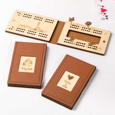 Personalized Engraved Travel Cribbage Board with Pegs, Pocket Folding Leather Wooden Cribbage Set, Christmas/Birthday Gift for Kids/Family/Friends