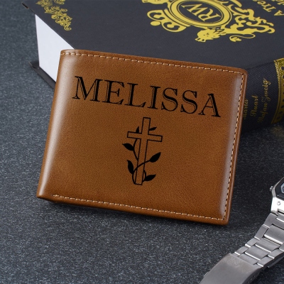 Personalized Cross Wallet with Name, Men's Christian Leather Wallet, Travel Card Holder, Birthday/Baptism/Father's Day Gift for Him/Dad/Grandpa