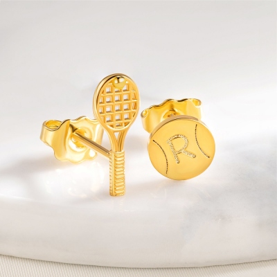 Custom Engraved Initial Tiny Tennis Ball & Racket Stud Earrings, Sterling Silver 925 Sports Jewelry, Gifts for Tennis Lovers/Players/Teammates