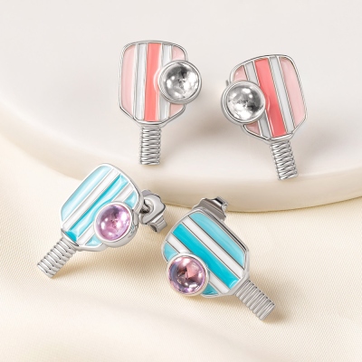 Custom Birthstone Enamel Pink/Blue Striped Pickleball Paddle Earrings, Sterling Silver 925 Racket Studs, Sports Gifts for Female Pickleball Players