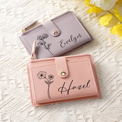 Personalized Name & Birth Flower Mini Wallet, Women's Leather Wallet, Travel Card Holder, Bridal Shower Favor, Birthday/Mother's Day Gift for Her/Mom