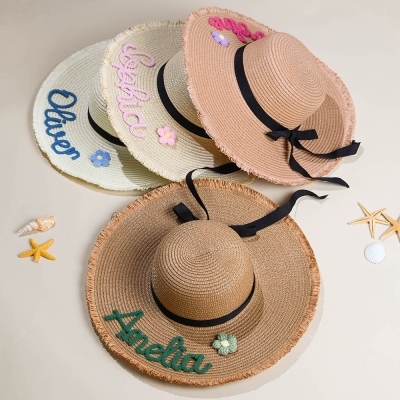 Personalized Name Floppy Sun Hat with Flower, Floral Straw Beach Hat for Honeymoon, Bachelorette Party Favor, Gift for Women/Brides/Bridesmaids