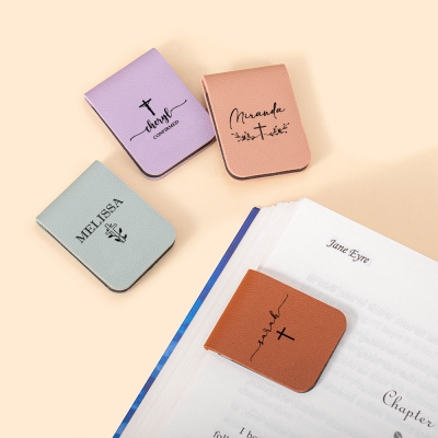 Personalized Name Cross Magnetic Leather Bookmark, Christian Bookmark Clip, Book Accessory, Easter/Christmas Gift for Book Lovers/Bible Readers