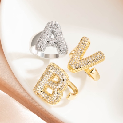 Personalized Pave Initial Ring, Dainty 3D Bubble Zirconia Letter Ring, Adjustable Open Ring, Birthday/Anniversary/Mother's Day Gift for Her/Mom/Women