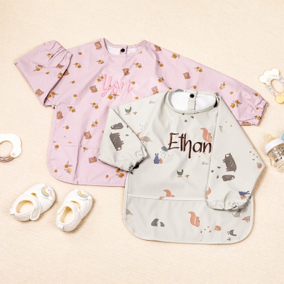 Personalized Name Embroidered Cartoon Animal Full Sleeve Baby Bib, Waterproof & Mess Proof Bib, Baby Shower/Birthday Gift for Infants/Toddlers