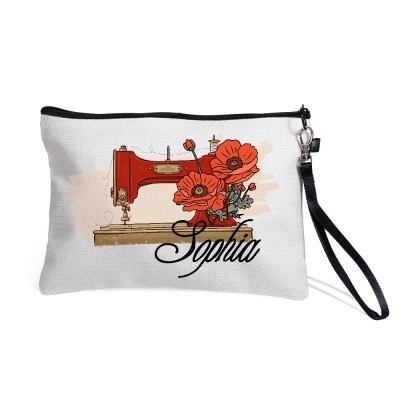 Custom Name Birth Flower Sewing Machine Design Cosmetic Bag, Linen Makeup Pouch with Wrist Strap, Travel Accessory, Gift for Mom/Grandma/Sewing Lovers