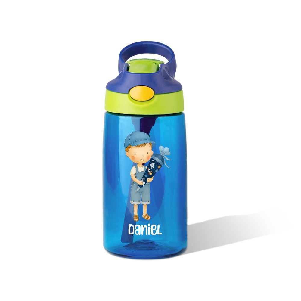Personalisierte Kinder Wasserflasche 475 ml – BPA-frei, mit Strohhalm, Schultüte-Motiv, Verschiedene Farben und Figuren zur Auswahl, Mit Namensgravur, Schulanfang Geschenk für Jungen Mädchen