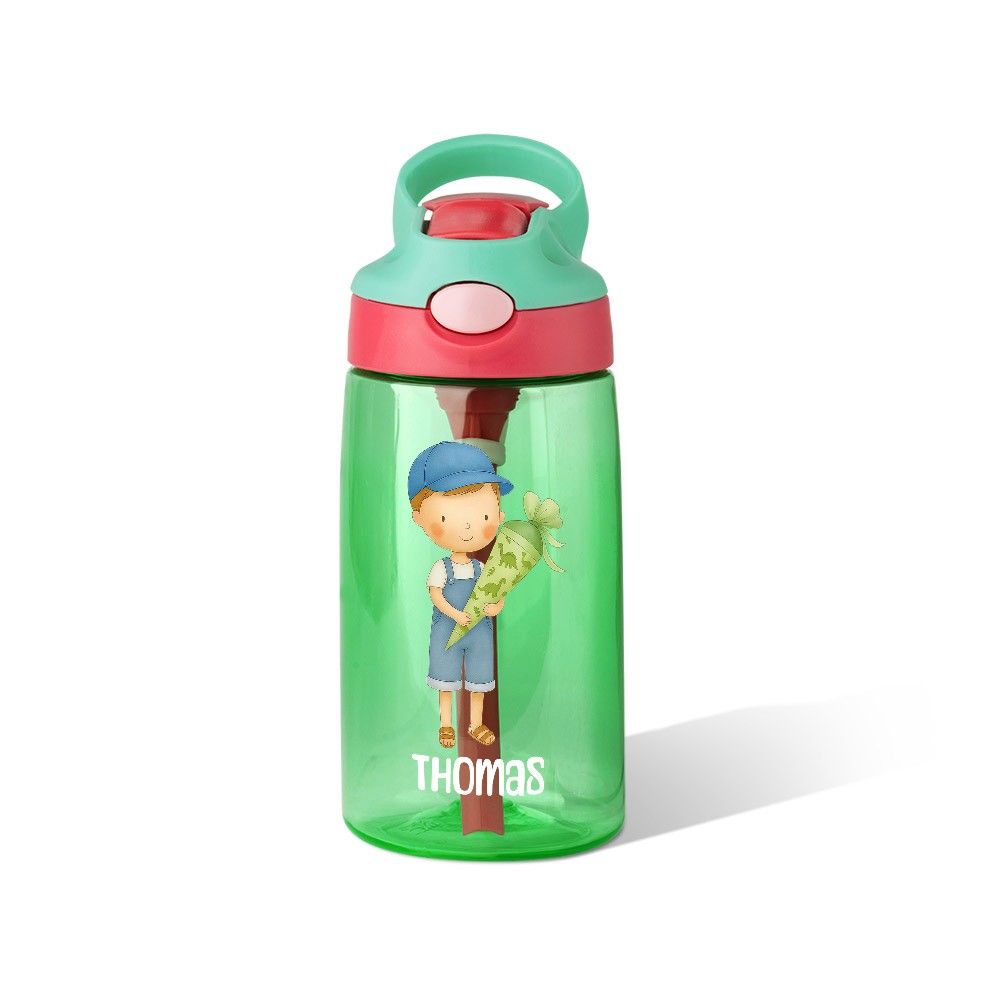 Personalisierte Kinder Wasserflasche 475 ml – BPA-frei, mit Strohhalm, Schultüte-Motiv, Verschiedene Farben und Figuren zur Auswahl, Mit Namensgravur, Schulanfang Geschenk für Jungen Mädchen