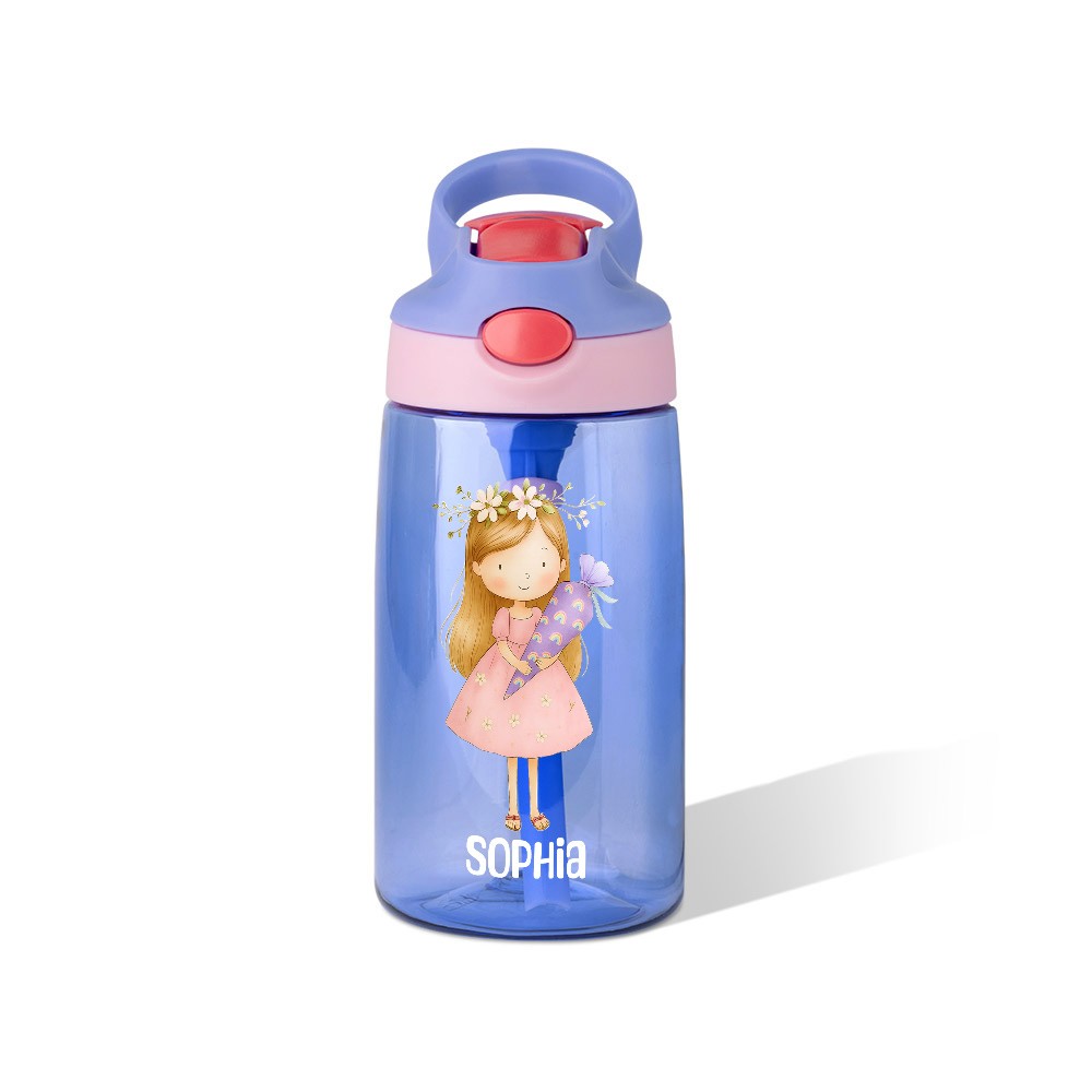 Personalisierte Kinder Wasserflasche 475 ml – BPA-frei, mit Strohhalm, Schultüte-Motiv, Verschiedene Farben und Figuren zur Auswahl, Mit Namensgravur, Schulanfang Geschenk für Jungen Mädchen