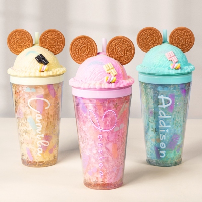 Personalized Name Cookie Ice Cream Cup, Cute Mouse Ears Kids' Water Bottle, Leak-Proof 15oz Dome Lid Tumbler with Straw, Gift for Kids/Boys/Girls