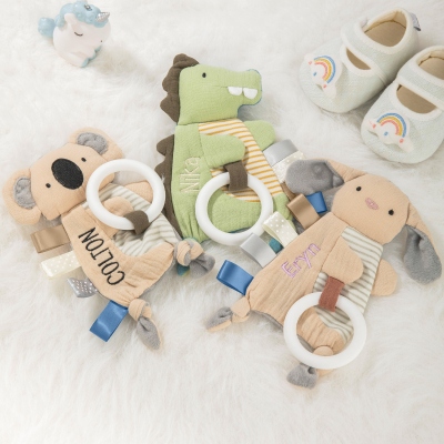 Custom Embroidered Cute Animal Teether & Crinkle Sensory Toy, Bunny/Koala/Dinosaur Baby Soothing Toy, Birthday/Baby Shower Gift for Newborns/Infants