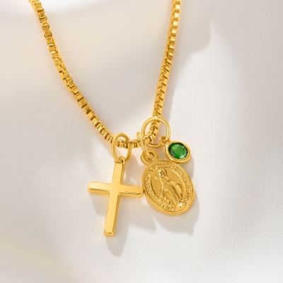 Personalized Cross Virgin Mary Medal Necklace with Birthstone, Dainty Religious Jewelry, Birthday/Confirmation Gift for Her/Mom/Family/Friends