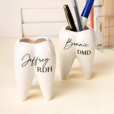 Personalized Name Ceramic Tooth Pen Holder Planter, Molar Vase Desk Decor, Appreciation/Graduation Gift for Dentists/Dental Hygienists/Orthodontists