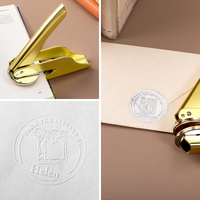 Personalized Name Library Bow Handheld Book Embosser with Optional Stickers, Book Stamp Kit with Metal Carving Mold, Gift for Book Lovers/Librarians