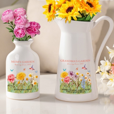 Personalized Kids' Names & Birth Flowers Grandma's Garden Vase, Floral Ceramic Mug Vase, Home Decor, Birthday/Mother's Day Gift for Her/Mom/Grandma
