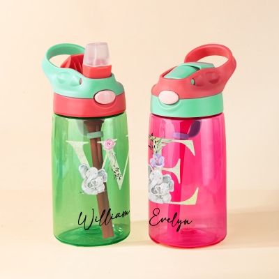 Custom Woodland Animal Initial & Name Water Bottle, 16oz Children's Cup with Silicone Straw & Handle, Back to School/Birthday Gift for Kids/Boys/Girls