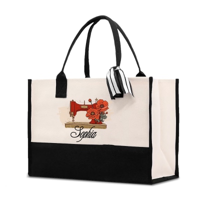 Custom Name Birth Flower Sewing Machine Design Tote Bag, Large Capacity Canvas Handbag with Ribbon, Birthday/Mother's Day Gift for Sewing Lovers/Women