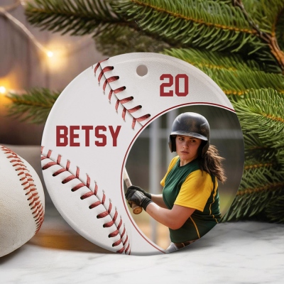Custom Photo Baseball/Softball Ornament with Name & Number, Ceramic Christmas Tree Hanging Decor, Christmas Gift for Baseball & Softball Lover/Player