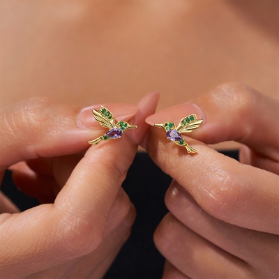 Personalized Birthstone Hummingbird Stud Earrings, Sterling Silver 925 Dainty Bird Jewelry, Birthday/Mother's Day/Christmas Gift for Her/Mom/Women