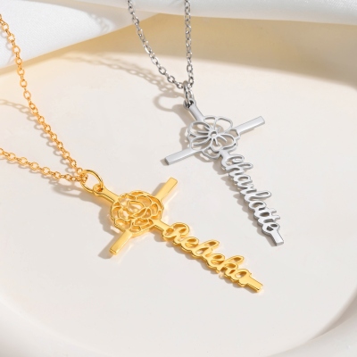 Custom Name Birth Flower Cross Necklace, Sterling Silver 925 Women's Jewelry, Floral Crucifix Necklace, Birthday/Mother's Day/Baptism Gift for Her/Mom