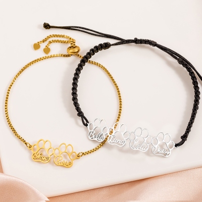 Personalized 1-6 Pet Paw Print Bracelet with Name, Custom Engraved Pet Memorial Jewelry, Pet Loss/Birthday/Anniversary Gift for Dog Mom/Pet Owners