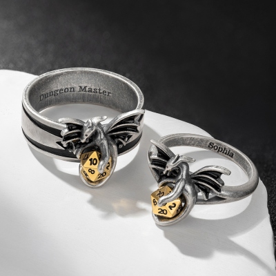 Small D20 Dice Dragon Promise Rings with Inner Engraving, Proposal Ring, DND Jewelry, D20 Engagement Ring, Couple Ring Gift For Her, Anniversary Gift