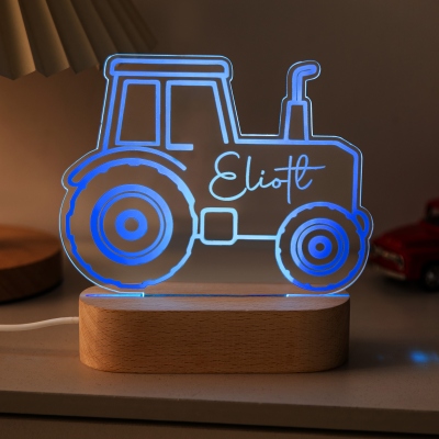 Personalized Tractor LED Night Light with Name, Acrylic Excavator Night Lamp with Wooden Base, Home Decor, Children's Day/Birthday Gift for Kids/Boys