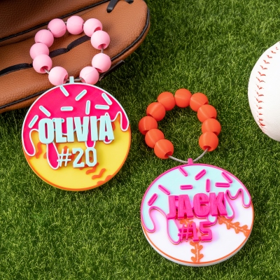 Personalized Name & Number Baseball/Softball Ice Cream Dripping Tag, 3D Printed Sports Bag Tag with Beads, Gift for Baseball & Softball Lovers/Players