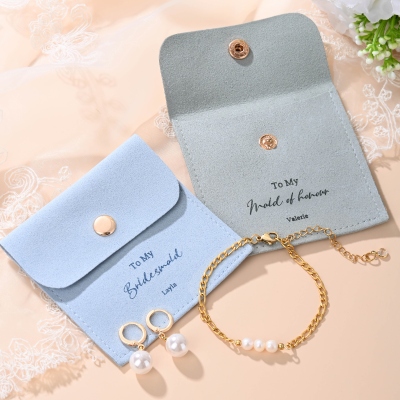 Custom Name Jewelry Pouch with Pearl Earrings & Bracelet Set, Bridal Party Favor, Wedding Gift for Bridesmaids/Besties/Mother of Bride/Flower Girls