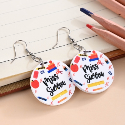 Personalized Name Teacher's Earrings, Pencil Apple Crayon Ruler Design Dangle Earrings, Back to School/Teacher's Day/Appreciation Gifts for Teachers