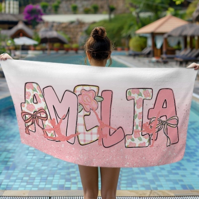 Custom Name Pink Floral Glitter Dancer Beach Towel, Quick Dry Microfiber Bath Towel, Vacation/Beach/Pool Party Favor, Gift for Girls/Dancers/Gymnasts