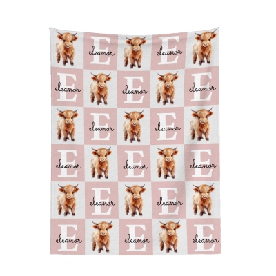 Custom Name & Initial Floral Highland Cow Plaid Blanket, Flannel/Sherpa Bed Couch Throw, Baby Shower/Birthday Gift for Highland Cow Lovers/Kids/Family