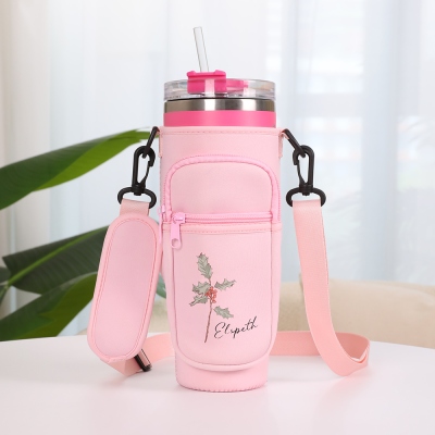 Personlig namnbärande tumbler med födelseblomma och påse, mugghållarpåse med rem, kompatibel med 40oz tumbler, present till kvinnor/flickor
