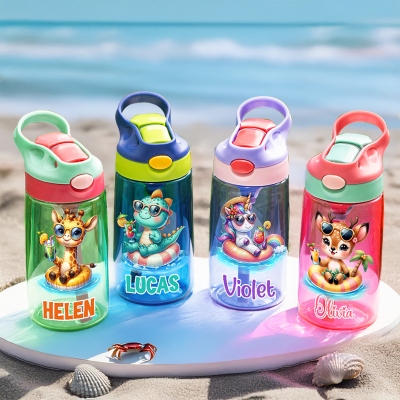 Personalized Name Summer Cute Animal Water Bottle, 16oz Children's Cup with Silicone Straw & Handle, Birthday/Back to School Gift for Kids/Boys/Girls