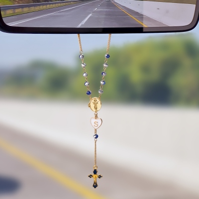 Custom Photo Cross Steering Wheel Rosary Charm with Heart Initial, Rear View Mirror Car Hanging Ornament, Car Accessory, Gift for Christian Drivers