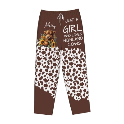 Personalized Name JUST A GIRL WHO LOVES HIGHLAND COWS Pajama Pants, Lounge Pants with Drawstring, Birthday Gift for Highland Cow Lovers/Women/Girls